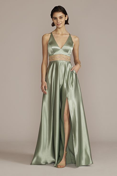 Satin Prom Gown with Embellished Illusion Waist
