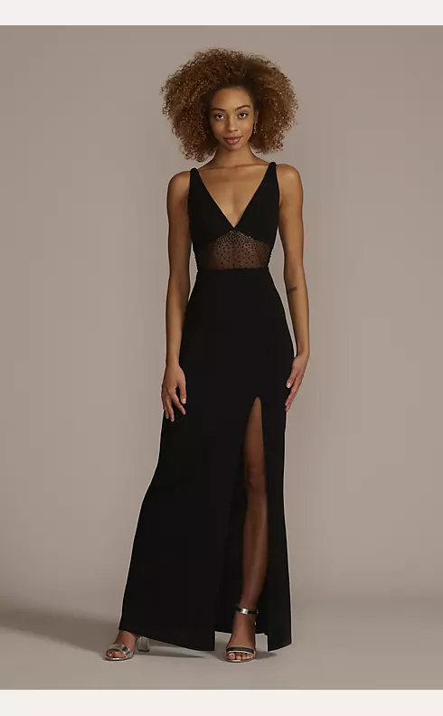 Floor Length Crepe Gown with Beaded Mesh Detail Image 1