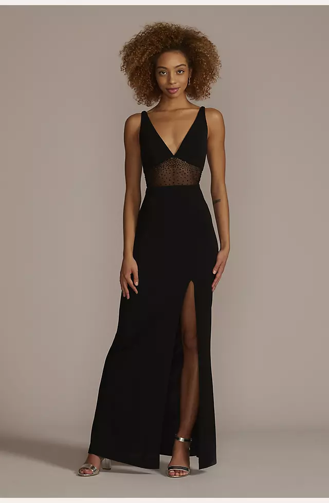 Floor Length Crepe Gown with Beaded Mesh Detail Image