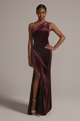 davidsbridal.com | Cutout One-Shoulder Velvet Gown with Skirt Slit