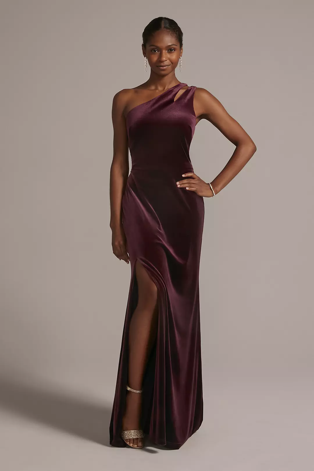 Cutout One-Shoulder Velvet Gown with Skirt Slit