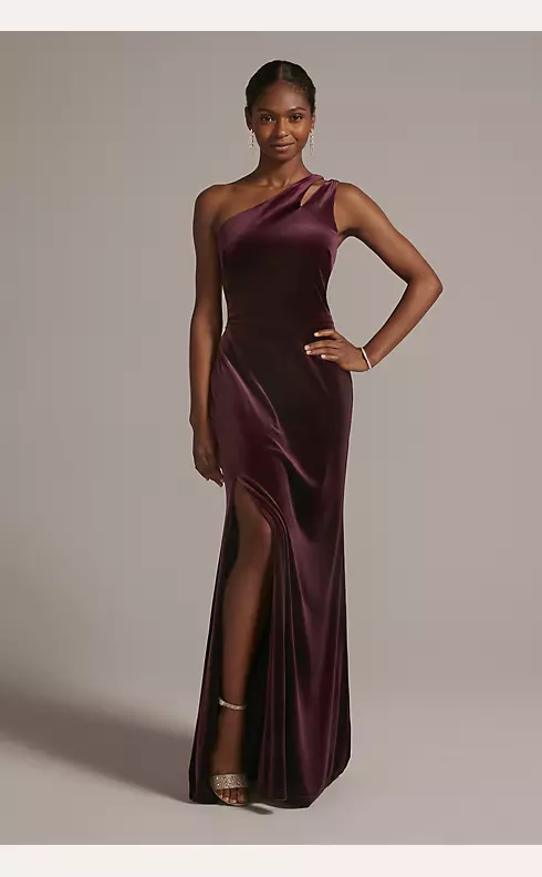 Cutout One-Shoulder Velvet Gown with Skirt Slit Image 1