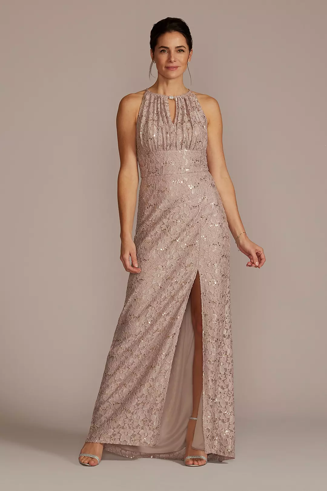 Stretch Lace Sheath Dress with Embellished Keyhole Image