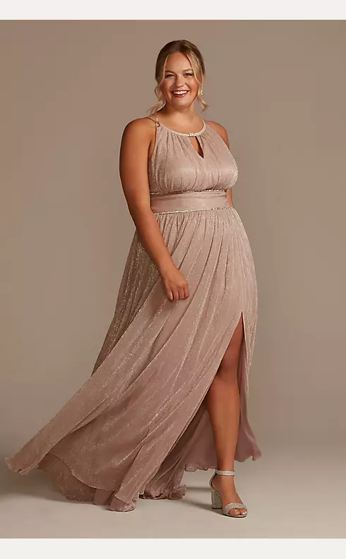 Plus Size Pleated Long Halter Dress with Keyhole Image 1