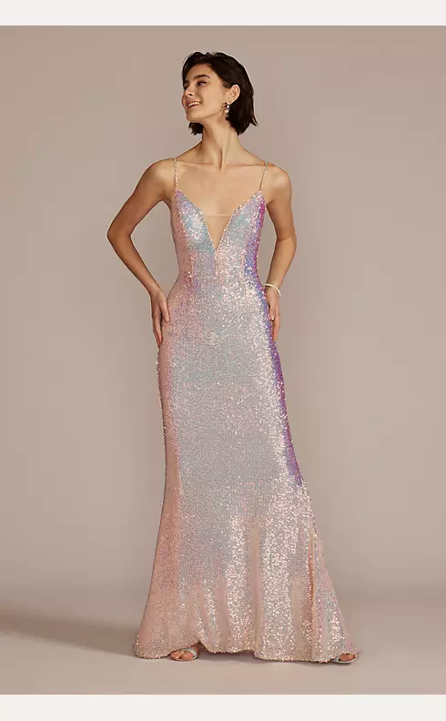 Stretch Sequin Prom Dress with Illusion V-Neck Image 1