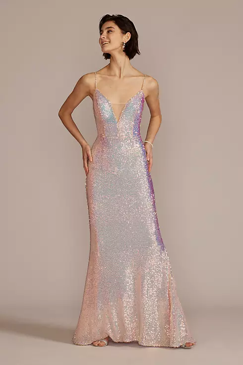 Stretch Sequin Prom Dress with Illusion V-Neck Image 1