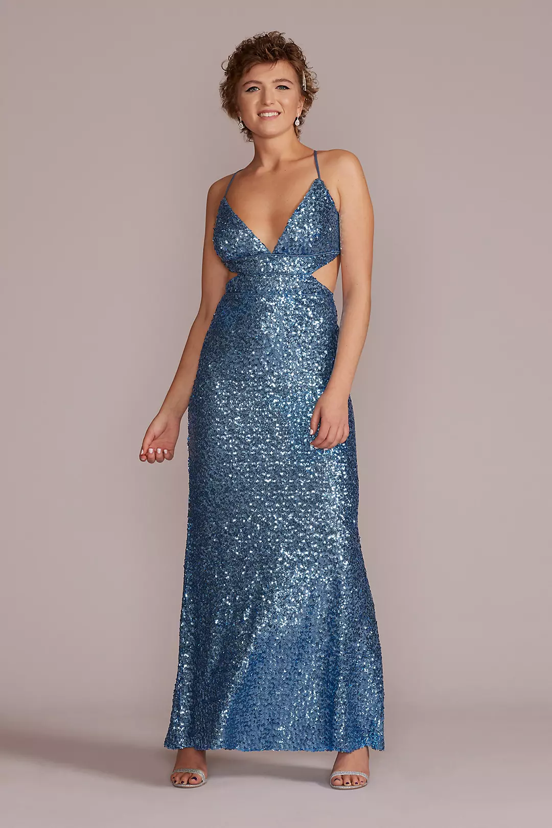 Plunging Sequin Sheath Gown with Side Cutouts | David's Bridal Plunging Sequin Sheath Gown with Side Cutouts | David's Bridal