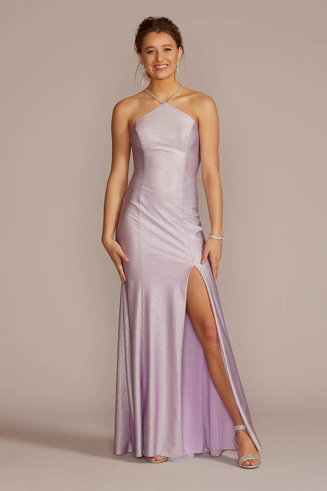 Glitter Stretch Sheath Halter Gown with Slit Image