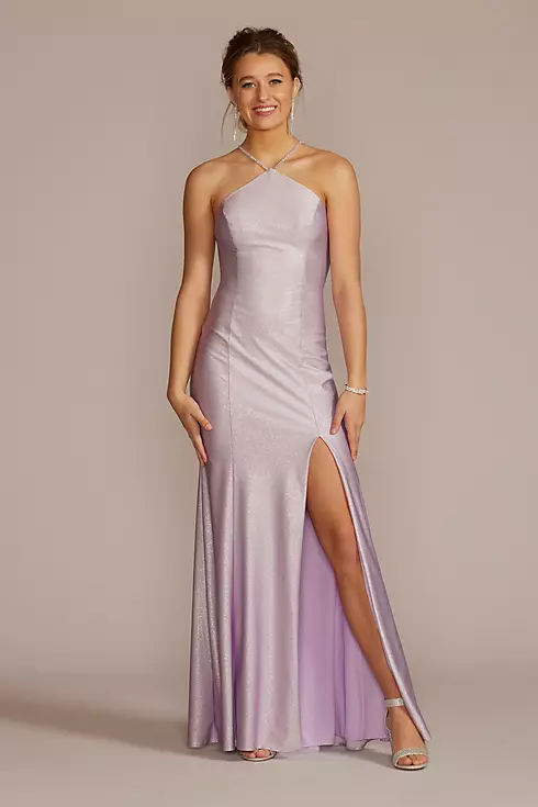 Glitter Stretch Sheath Halter Gown with Slit Image 1