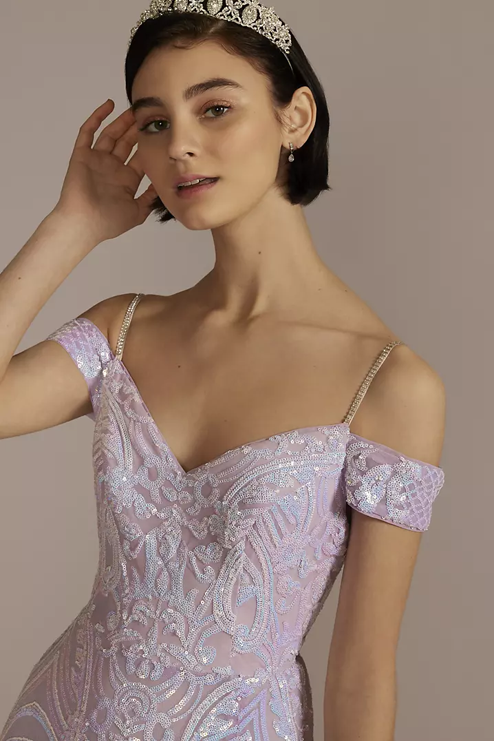 Off-the-Shoulder Patterned A-Line with Slit | David's Bridal Off-the-Shoulder Patterned A-Line with Slit | David's Bridal