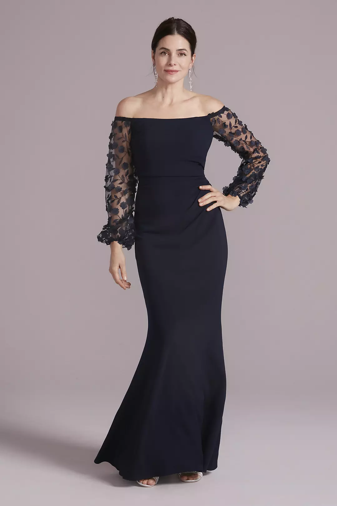 Off-the-Shoulder Crepe Gown with Illusion Sleeves Image
