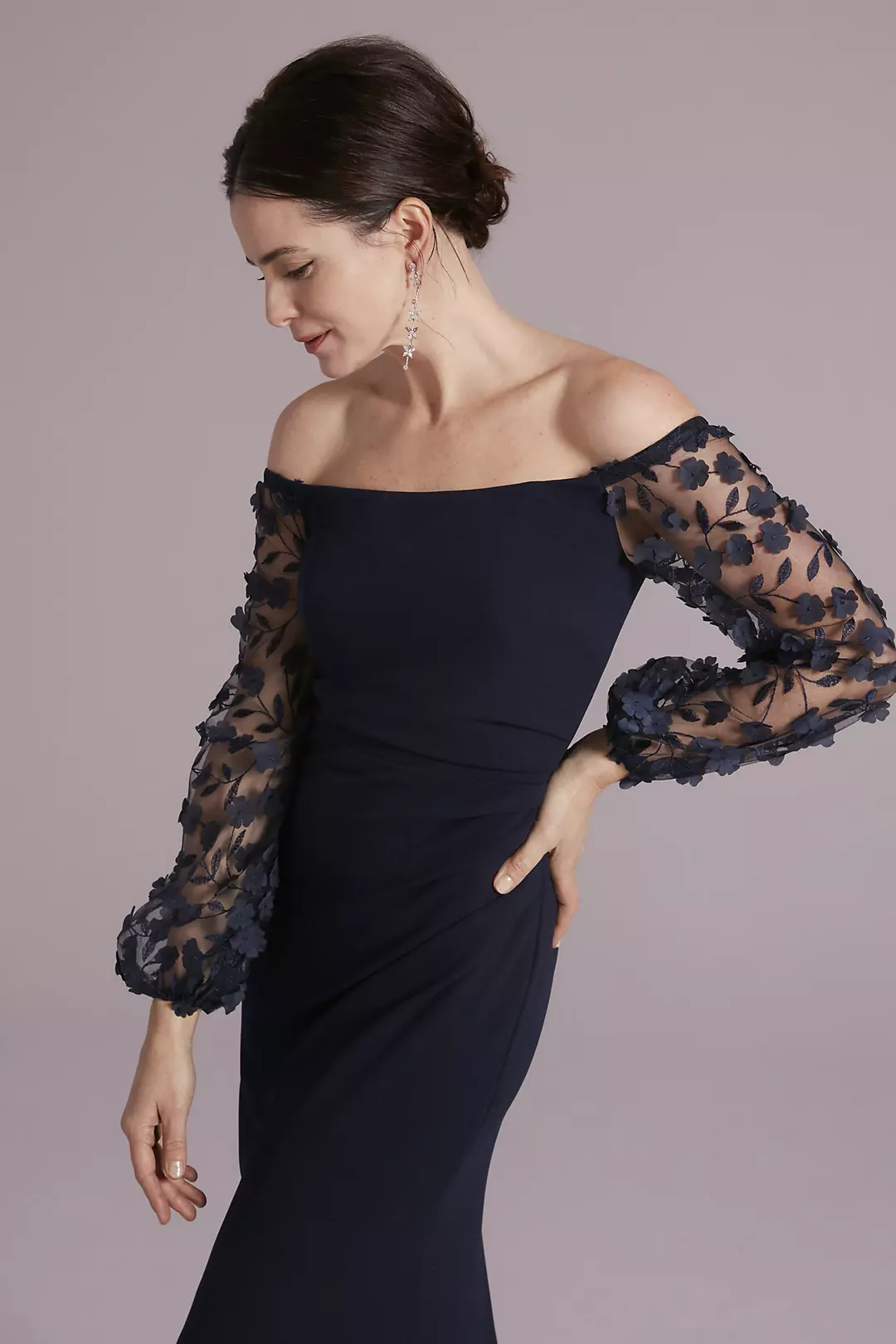 Off-the-Shoulder Crepe Gown with Illusion Sleeves Image 3