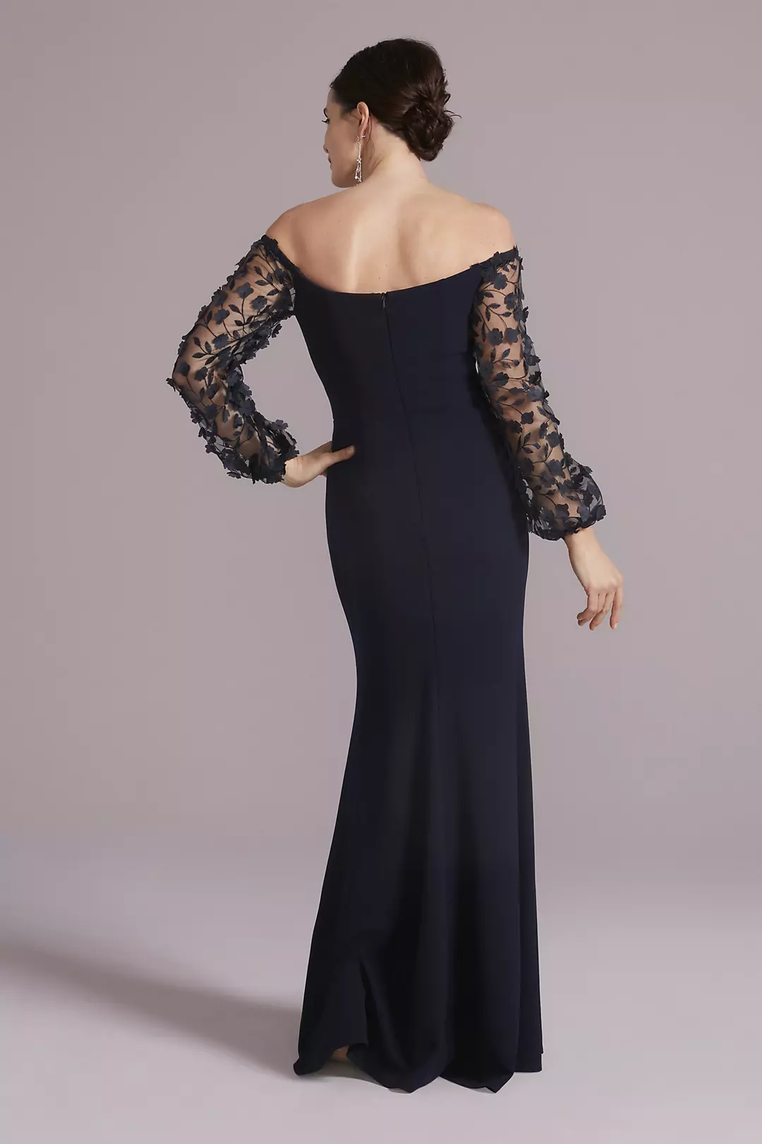 Off-the-Shoulder Crepe Gown with Illusion Sleeves Image 2