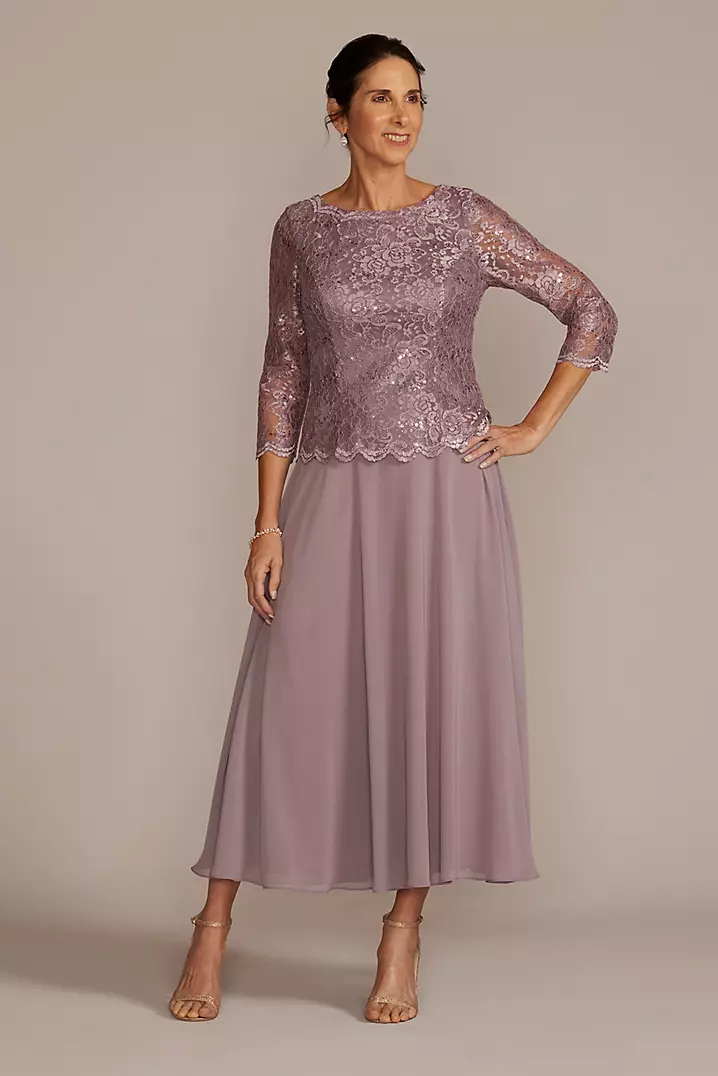 Tea Length Lace and Chiffon Mock Two-Piece | David's Bridal Tea Length Lace and Chiffon Mock Two-Piece | David's Bridal