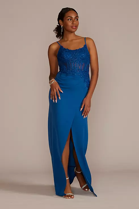 Sheath Crepe Gown with Embellished Corset Bodice Image 1