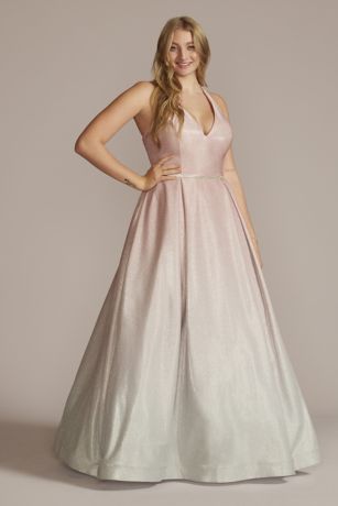 Plus Size Ombre Plunging Ball Gown with Jewels