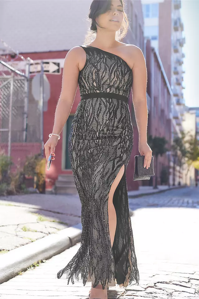 Sequin Lace One Shoulder Sheath Gown Image 4