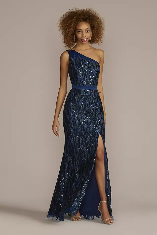 Sequin Lace One Shoulder Sheath Gown Image
