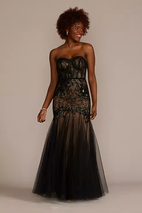 Strapless Corset Gown with Tulle Trumpet Skirt Image 1