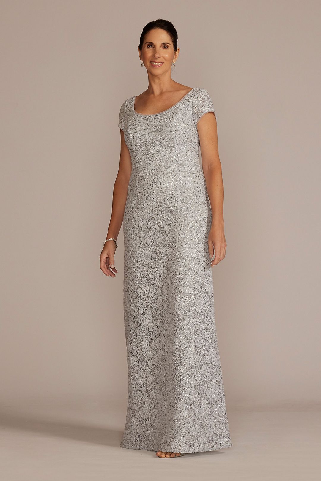 Short Sleeve Sequin Lace Sheath Gown Image 1