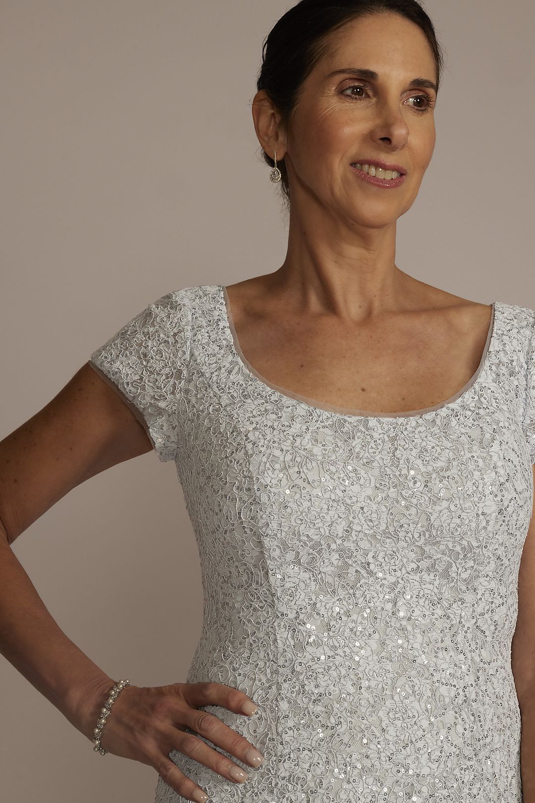 Short Sleeve Sequin Lace Sheath Gown Image 3