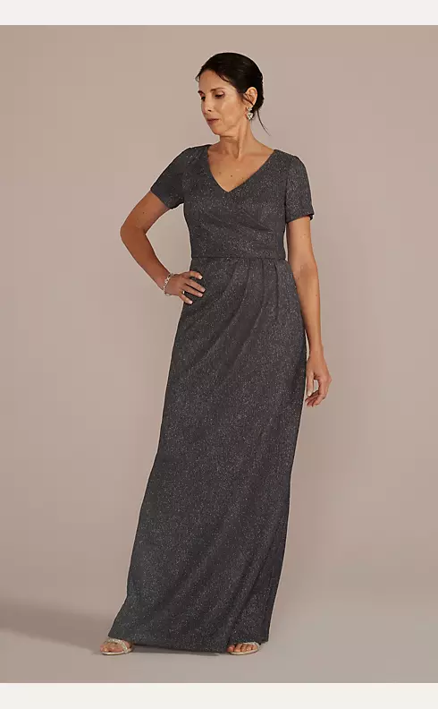 Cap Sleeve Glitter Knit Gown with Slit