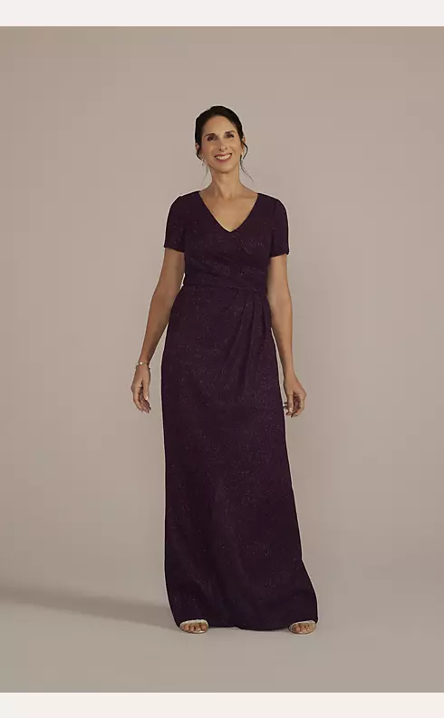Cap Sleeve Glitter Knit Gown with Slit Image 1