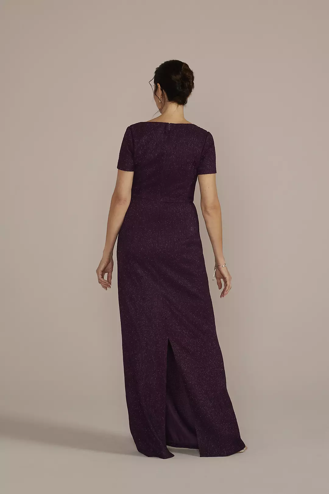 Cap Sleeve Glitter Knit Gown with Slit Image 2