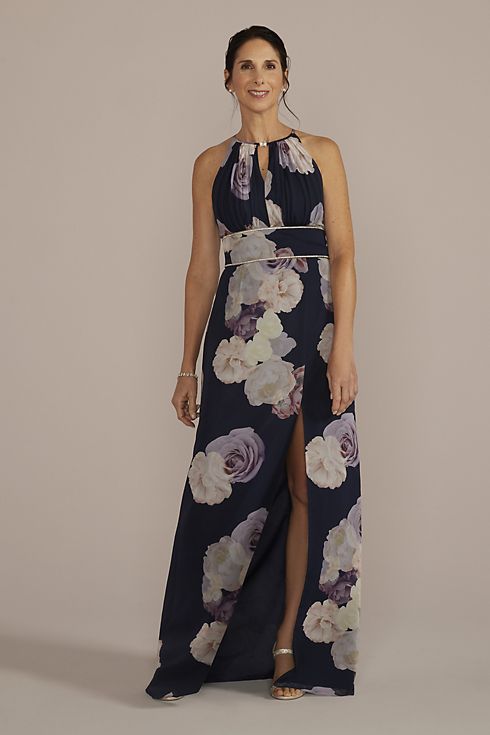 High-Neck Floral A-Line Gown with Keyholes Image