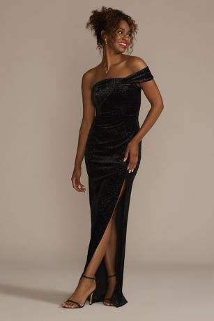 One-Shoulder Sparkle Velvet Sheath with Slit