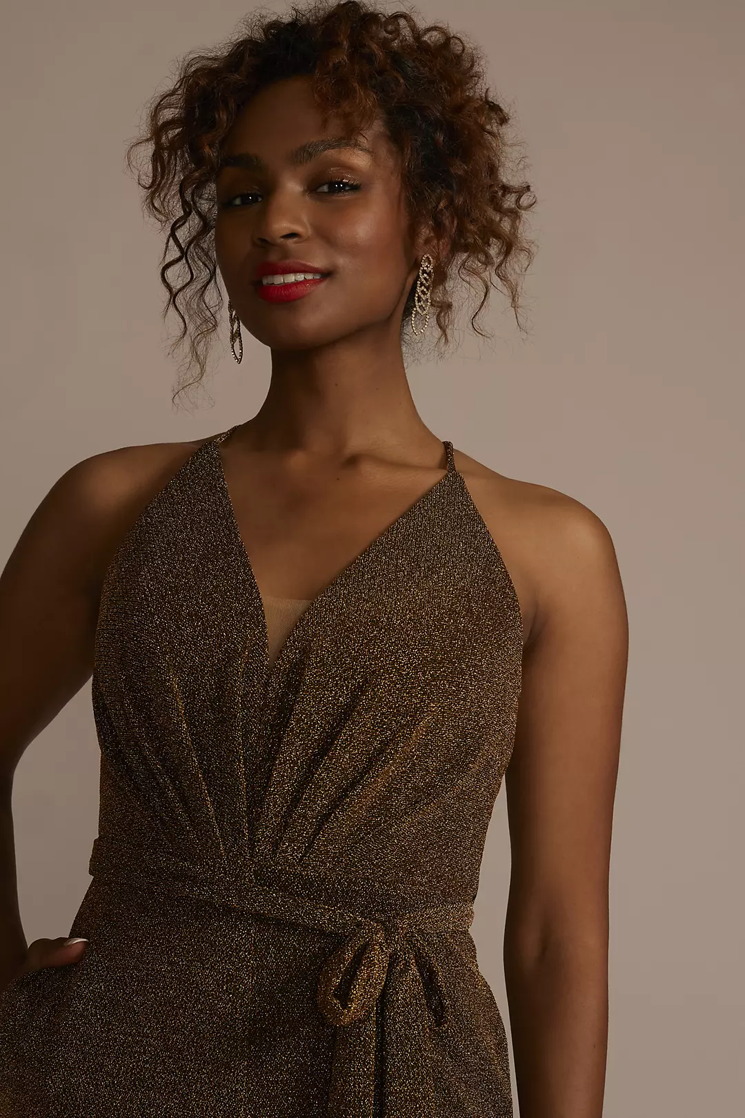 Metallic Tie-Waist Jumpsuit with Crisscross Back | David's Metallic Tie-Waist Jumpsuit with Crisscross Back | David's