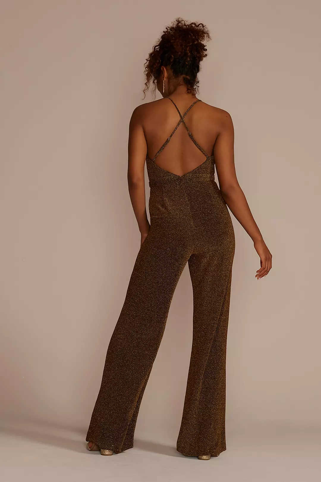 Metallic Tie-Waist Jumpsuit with Crisscross Back | David's Metallic Tie-Waist Jumpsuit with Crisscross Back | David's