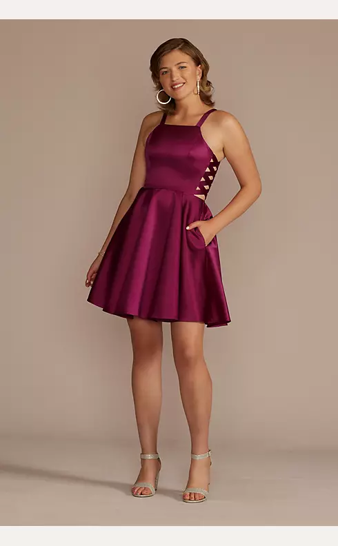 High Neck Short Satin A-Line Dress with Cutouts Image 1