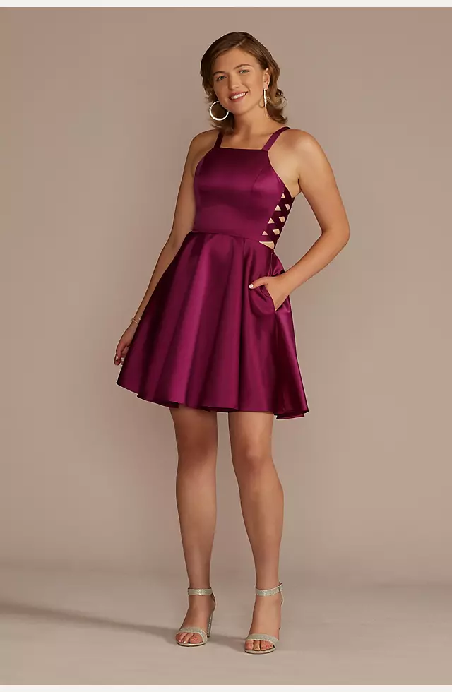 High Neck Short Satin A-Line Dress with Cutouts Image