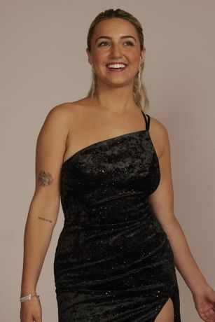 One-Shoulder Velvet Sparkle Mini Dress with Slit | David's Bridal