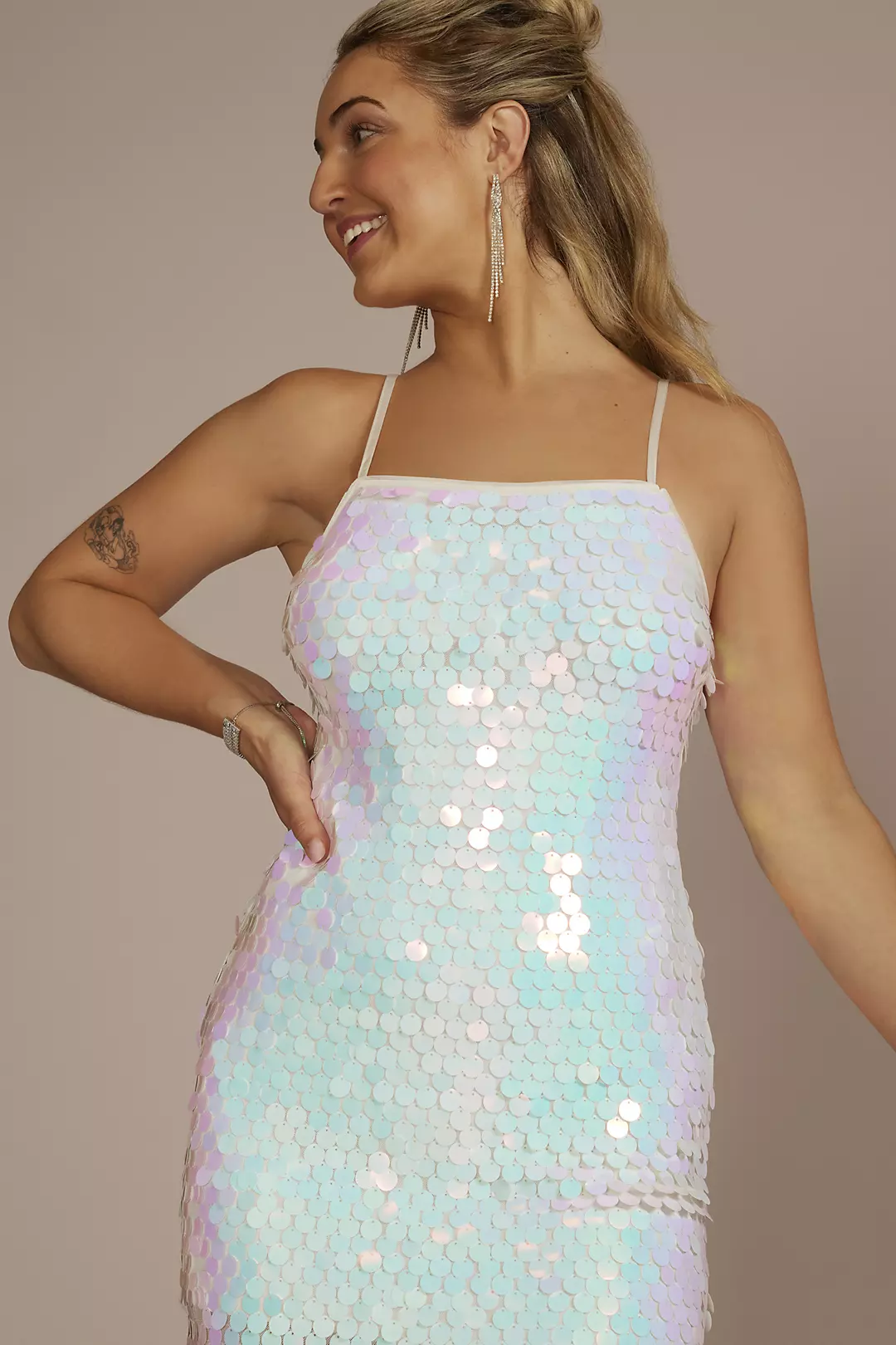 Short Iridescent Allover Sequin Dress | David's Bridal Short Iridescent Allover Sequin Dress | David's Bridal