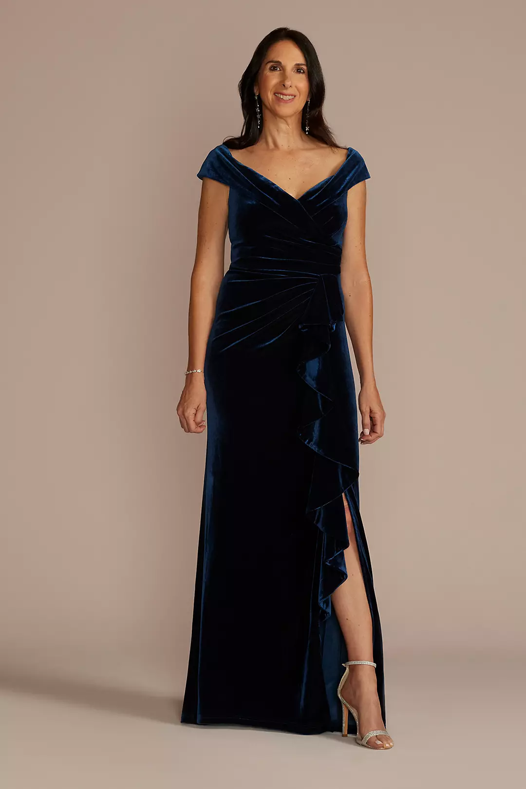 Velvet Off-the-Shoulder Sheath with Ruffle Image