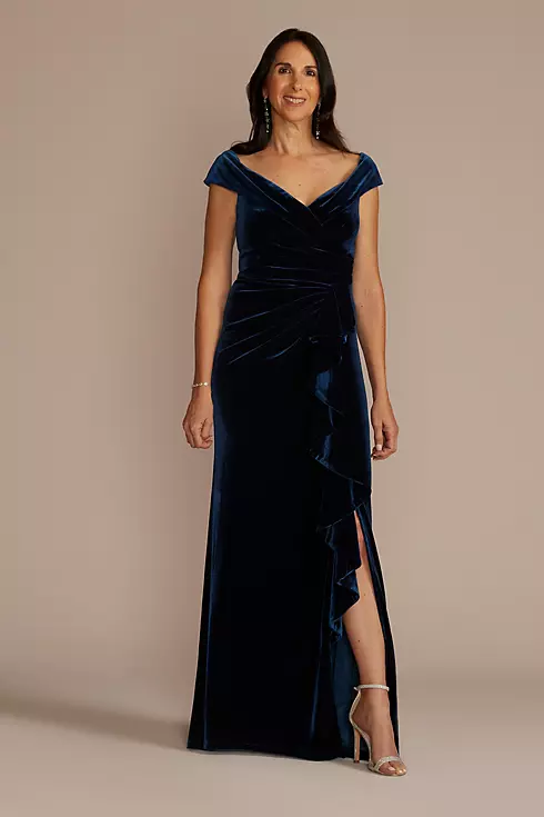 Velvet Off-the-Shoulder Sheath with Ruffle Image 1