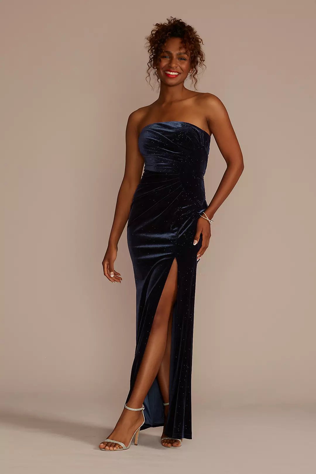 Strapless Glitter Velvet Sheath Dress with Slit Image