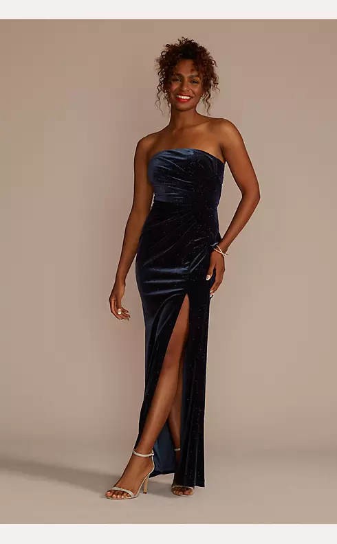 Strapless Glitter Velvet Sheath Dress with Slit Image 1