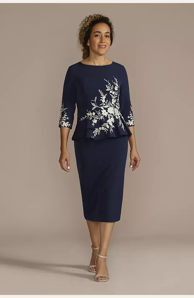 Crepe Peplum Dress with Floral Embroidery