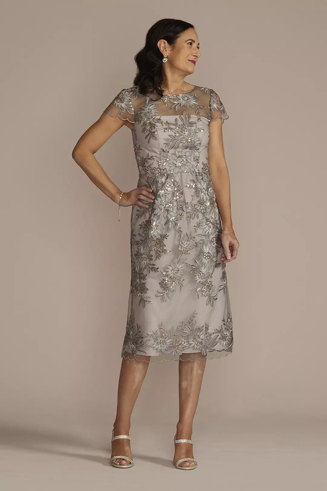 Scalloped Cap Sleeve Sequin Embroidered Sheath Image