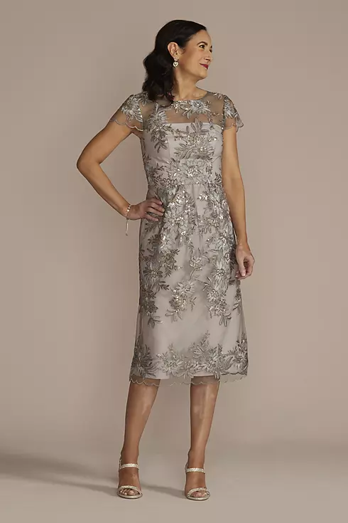 Scalloped Cap Sleeve Sequin Embroidered Sheath Image 1