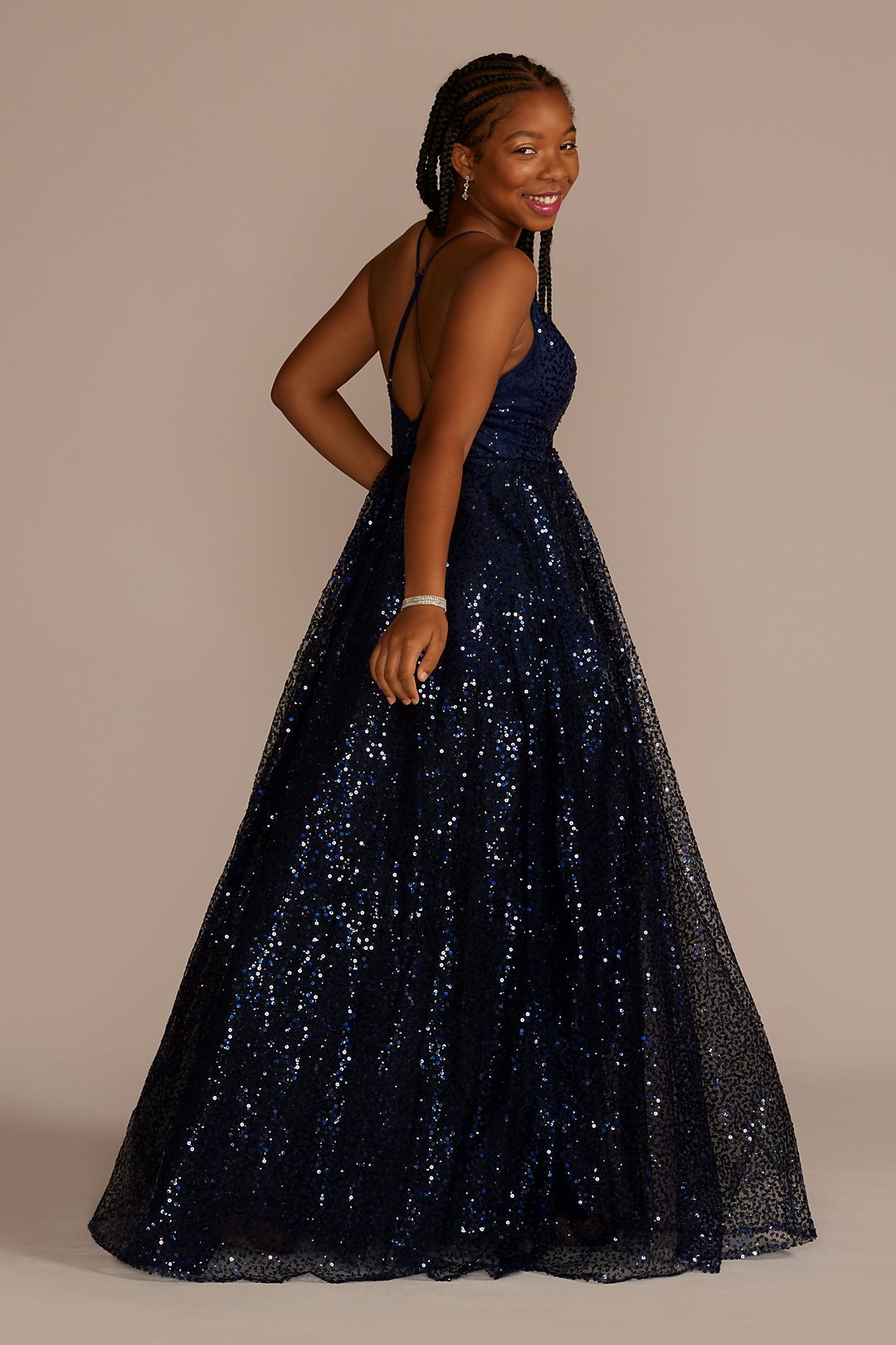 Illusion Plunge Allover Sequin Ball Gown Image 2