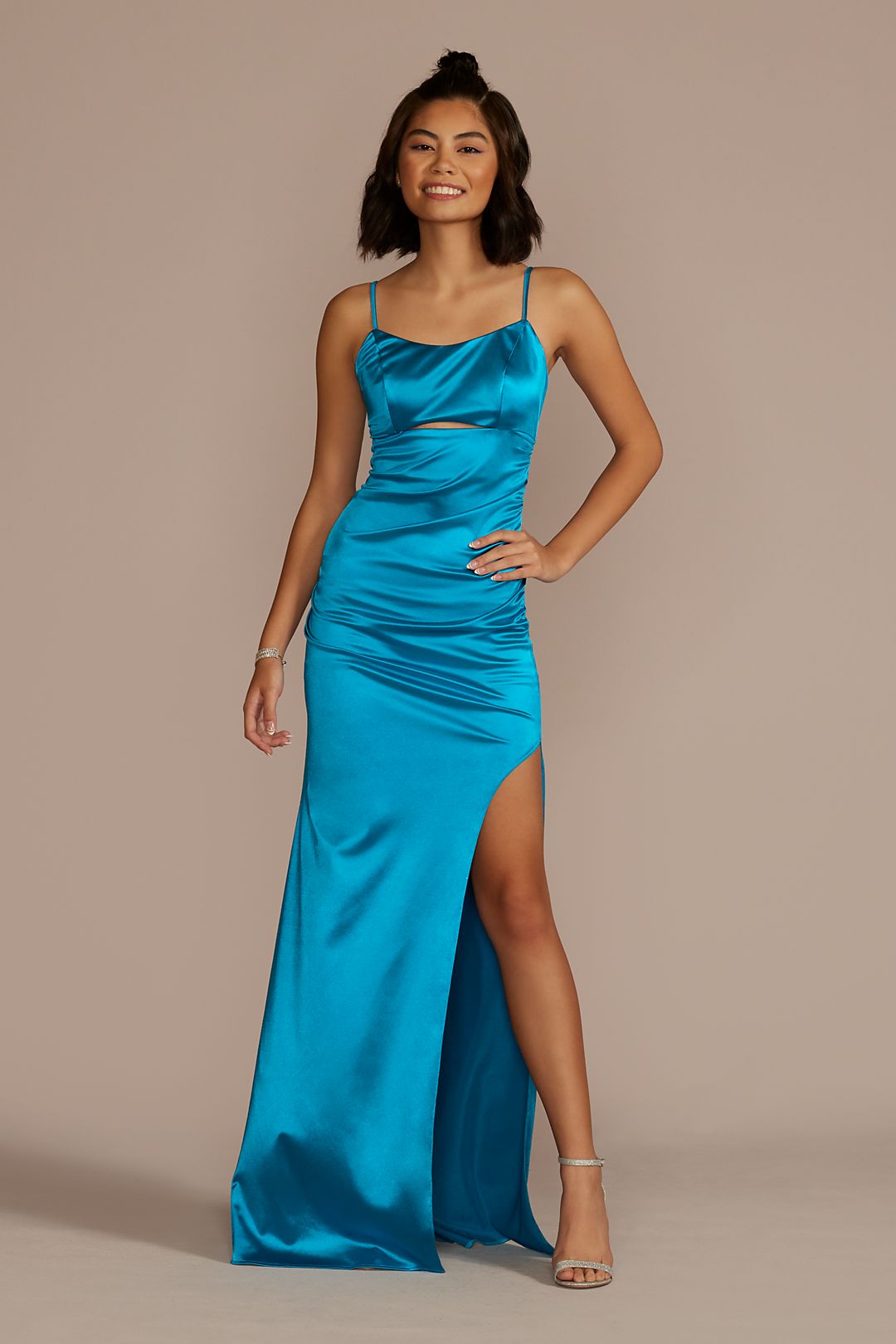 Blue Satin Prom Dress with Slides on Side