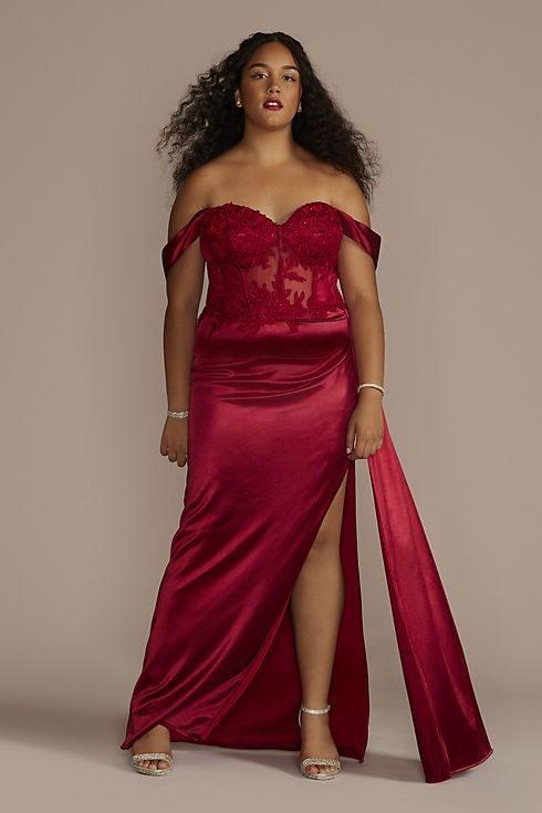 Off-Shoulder Satin Sheath with Embroidered Corset Image 1