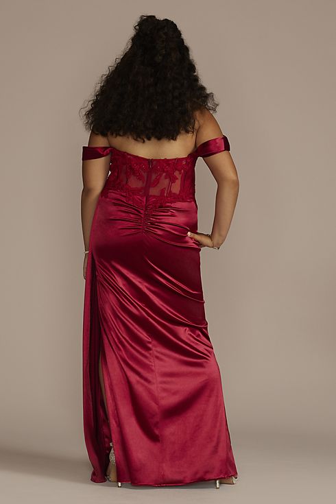 Off-Shoulder Satin Sheath with Embroidered Corset Image 2