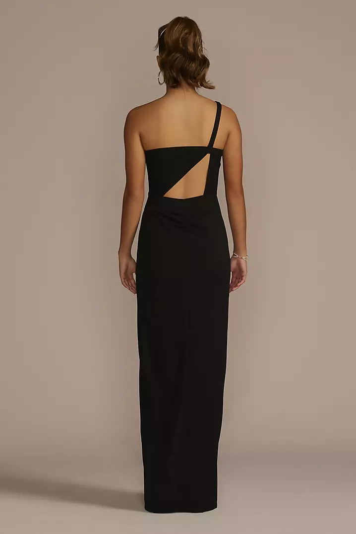 One-Shoulder Fringe Trimmed Crepe Sheath | David's Bridal One-Shoulder Fringe Trimmed Crepe Sheath | David's Bridal