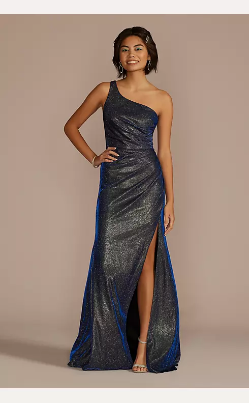 One-Shoulder Glitter Metallic Ruched Dress