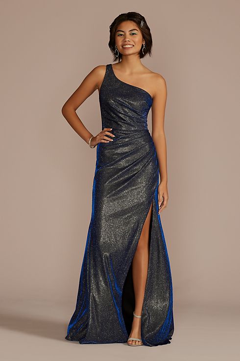 One-Shoulder Glitter Metallic Pleated Dress Image 1